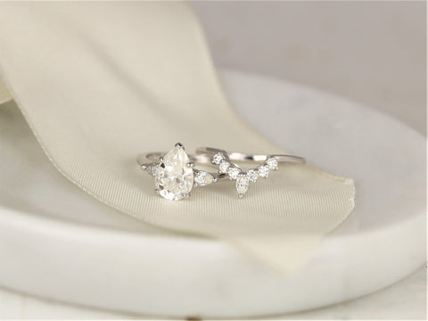 2cts Essie 10x7mm & Aldis 14kt Gold Moissanite Diamond Three Stone Pear Bridal Set