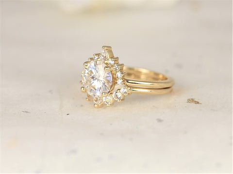 2ct Kylie 8mm & Rayna 2.0 14kt Solid Gold Moissanite White Sapphire Unique Halo Bridal Set
