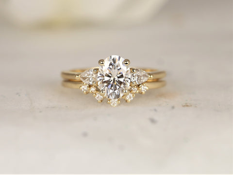 1.50ct Emery 8x6mm & Remy 14kt Gold Forever One Moissanite Diamond Dainty 3 Stone Oval Bridal Set