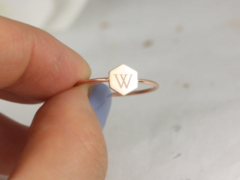 Petite Hunter 7mm 14kt Solid Gold Dainty Hexagon Letter Ring,Initial Ring,Tiny Letter Ring,Personalized Jewelry,Signet Ring,Gift For Her