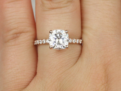 2cts Hallie 7.5mm 14kt Rose Gold Forever One Moissanite Diamonds Art Deco Dainty Cushion Solitaire Unique Engagement Ring