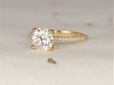 2ct Devora 7.5mm 14kt Solid Gold Moissanite Diamond Pave Dainty Cushion Solitaire Classic Engagement Ring