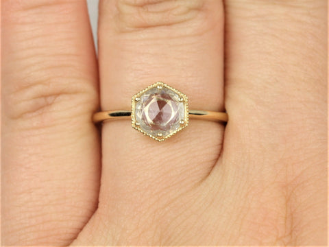 Irma 6mm 14kt Gold Rose Cut White Sapphire WITH Milgrain Dainty Bezel Art Deco Minimalist Unique Hexagon Solitaire Ring