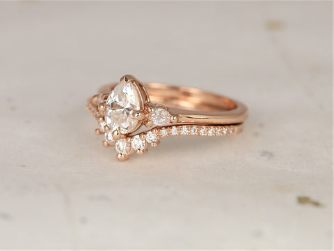 0.75ct Evette 7x5mm & Aldis 14kt Rose Gold Forever One Moissanite Diamond Dainty Minimalist 3 Stone Pear Bridal Set