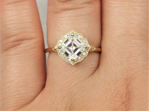 1.30ct Leena 6.5mm 14kt Gold Moissanite Diamond WITH Milgrain Art Deco Asscher Kite Halo Ring,Unique Halo Ring,Asscher Cut Ring