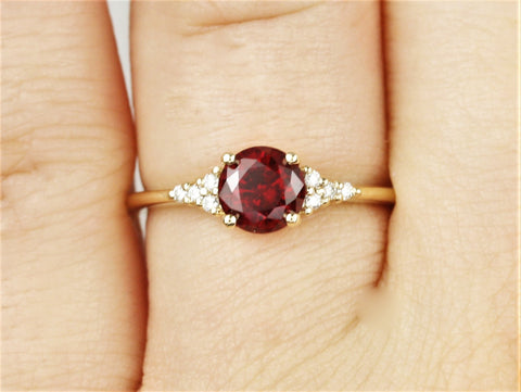 Malia 6mm 14kt Gold Red Ruby Diamond Art Deco Dainty 3 Stone Round Cluster Ring,July Birthstone,Anniversary Gift