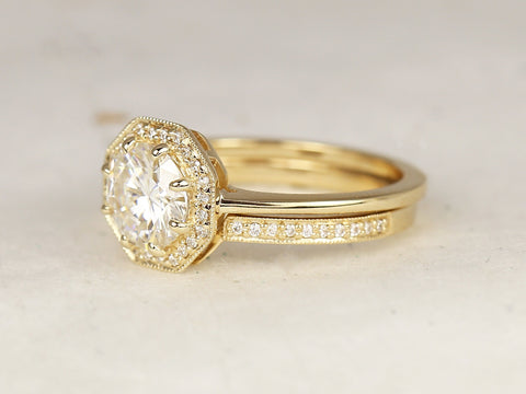 1.25ct Winona 7mm 14kt Gold Moissanite Diamond WITH Milgrain Unique Octagon Halo Bridal Set,Art Deco Wedding,Promise Ring