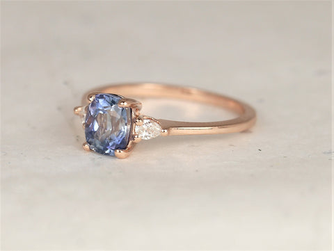 1.67ct Ready to Ship Petite Ellis 14kt Rose Gold Cornflower Blue Sapphire Diamond Elongated Cushion 3 Stone Ring