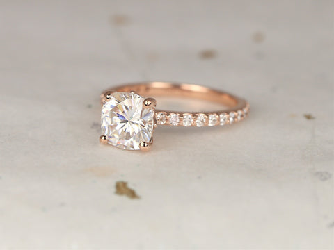 2cts Hallie 7.5mm 14kt Rose Gold Forever One Moissanite Diamonds Art Deco Dainty Cushion Solitaire Unique Engagement Ring