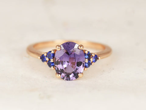 2.01ct Ready to Ship Juniper 14kt Rose Gold Violet Purple Blue Sapphire Art Deco Cluster 3 Stone Oval Unique Ring,Rosados Box