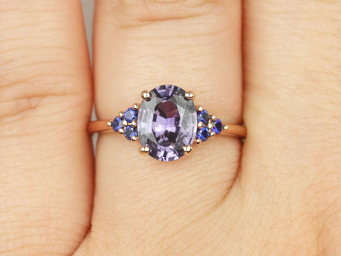 2.01ct Ready to Ship Juniper 14kt Rose Gold Violet Purple Blue Sapphire Art Deco Cluster 3 Stone Oval Unique Ring,Rosados Box