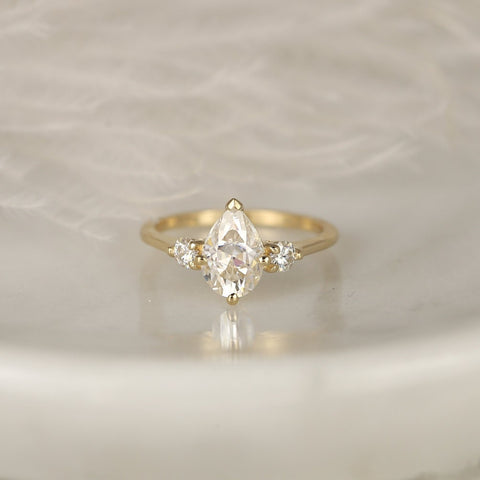 1.50ct Petite Greta 9x6mm 14kt Solid Gold Forever One Moissanite Round 3 Stone Minimalist Dainty Pear Engagement Ring