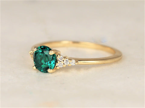 Malia 6mm 14kt Gold Green Emerald Diamond Art Deco Dainty 3 Stone Round Cluster Ring,May Birthstone,Anniversary Gift