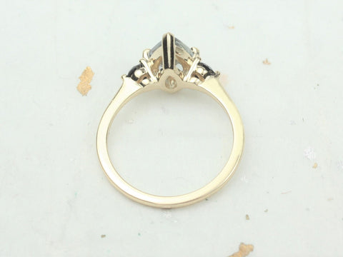 1.58ct Ready to Ship Petite Greta 14kt Gold Cornflower Blue Sapphire Black Diamond Pear Round 3 Stone Dainty Engagement Ring