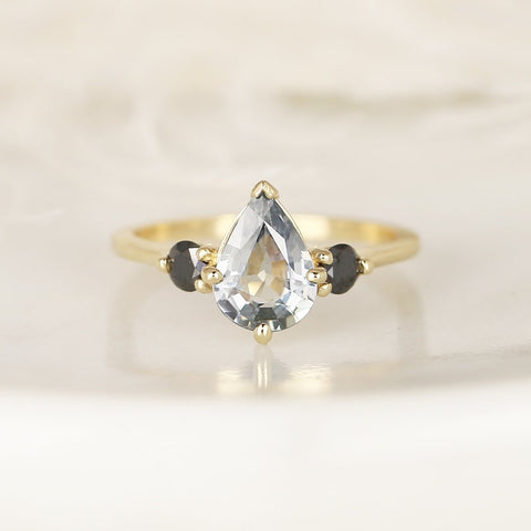 1.58ct Ready to Ship Petite Greta 14kt Gold Cornflower Blue Sapphire Black Diamond Pear Round 3 Stone Dainty Engagement Ring