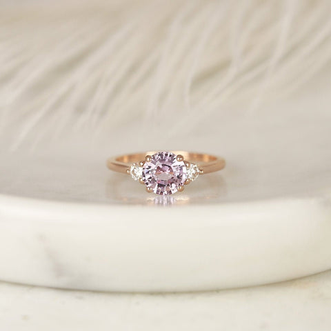 1.59ct Ready to Ship Colette 14kt Rose Gold Blush Peach Sapphire Diamond Minimalist 3 Stone Round Engagement Ring