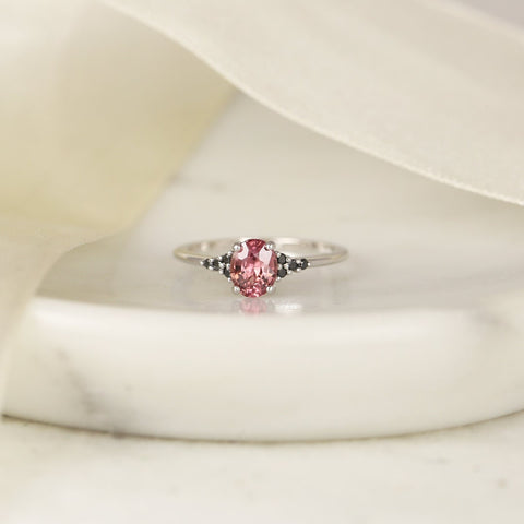 0.96ct Ready to Ship Maddy 14kt White Gold Padparadscha Raspberry Red Sapphire Black Diamond Cluster Ring