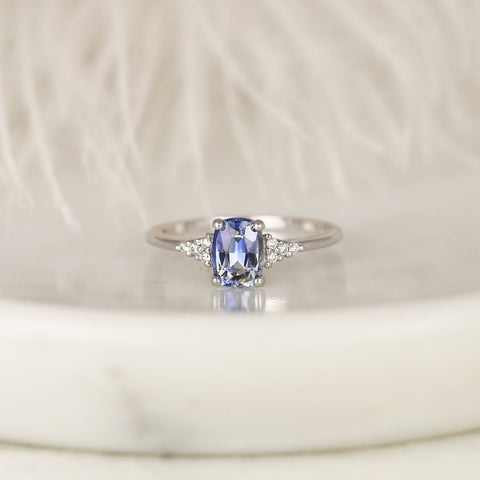 1.19ct Ready to Ship Marlow 14kt White Gold Cornflower Lavender Sapphire Diamond Dainty Elongated Cushion Cluster Ring