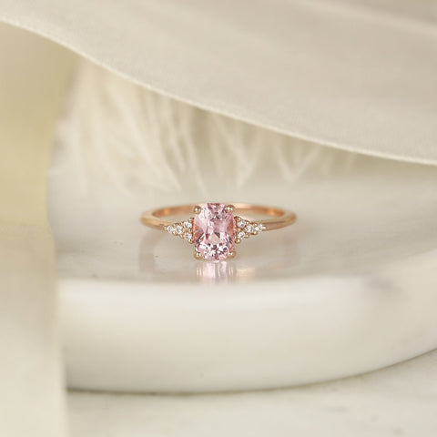 1.35ct Ready to Ship Marlow 14kt Rose Gold Blush Peach Sapphire Diamond Elongated Cushion 3 Stone Cluster Ring