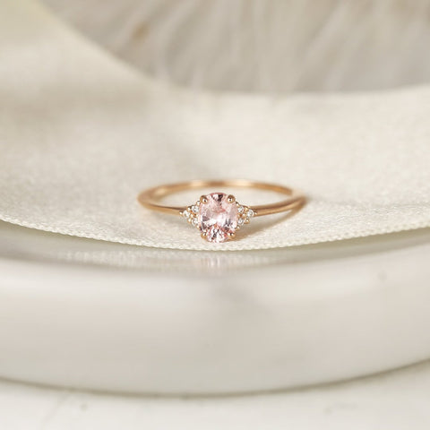 0.69ct Ready to Ship Juniper 14kt Rose Gold Peach Sapphire Diamond Dainty Oval Cluster Ring