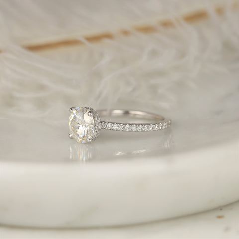 2ct EXTRA LOW Vanessa 8mm 14kt White Gold Moissanite Diamond Minimalist Scarf Pave Halo Round Engagement Ring