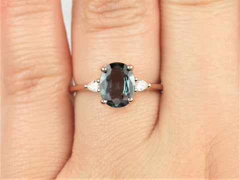 1.58cts Ready to Ship Petite Emery 14kt Rose Gold Ocean Blue Teal Sapphire Diamond Pear 3 Stone Oval Ring