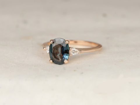 1.58cts Ready to Ship Petite Emery 14kt Rose Gold Ocean Blue Teal Sapphire Diamond Pear 3 Stone Oval Ring