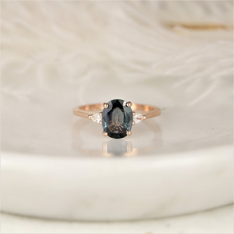 1.58cts Ready to Ship Petite Emery 14kt Rose Gold Ocean Blue Teal Sapphire Diamond Pear Three Stone Oval Ring