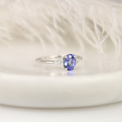 1.04ct Ready to Ship Maddy 14kt White Gold Rich Cornflower Lavender Sapphire Diamond Dainty Oval Cluster Ring