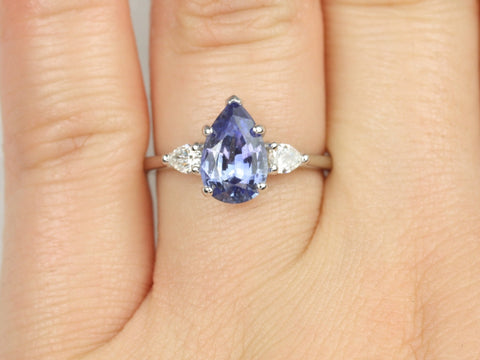2cts Ready to Ship Essie  14kt White Gold Cornflower Lavender Sapphire Diamond Minimalist 3 Stone Dainty Pear Engagement Ring