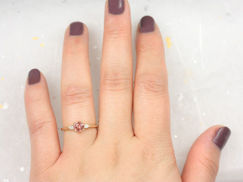 0.88ct Ready to Ship Petite Elise 14kt Gold Gumdrop Sorbet Peach Sapphire Diamond Minimalist 3 Stone Round Engagement Ring