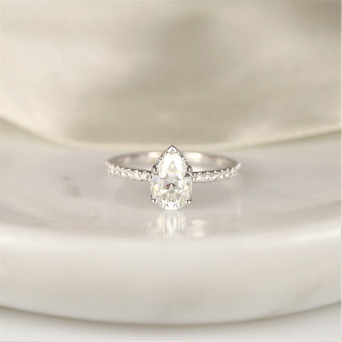 1.50ct EXTRA LOW Vienna 9x6mm 14kt White Gold Forever One Moissanite Diamond Minimalist Scarf Pave Halo Pear Engagement Ring