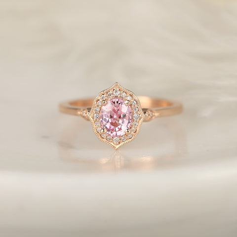 0.92ct Ready to Ship Mae 14kt Rose Gold  Peach Blush Champagne Sapphire Diamond Oval Halo Ring