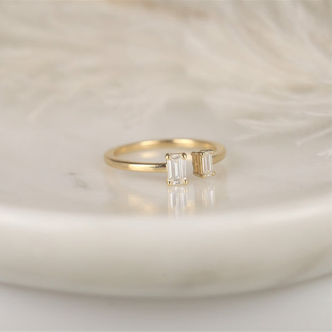 DIAMOND FREE Camden 14kt Gold Dainty Forever One Moissanite Minimalist Emerald Cut Open Ring,Duo Stacking Ring,Open Cuff Ring