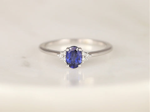 Juniper 6x4mm 14kt Gold Blue Sapphire Diamonds Dainty Oval Cluster 3 Stone Stack Ring