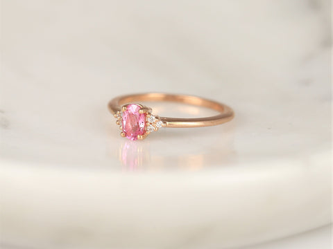 Ready to Ship Juniper 6x4mm 14kt Rose Gold Pink Sapphire Diamonds Dainty Oval Cluster 3 Stone Stack Ring