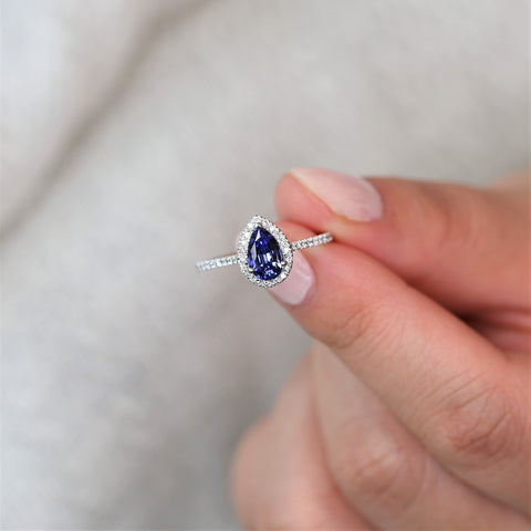 Ready to Ship Tabitha 8x5mm 14kt White Gold Blue Sapphire Diamonds Dainty Pave Pear Halo Engagement Ring