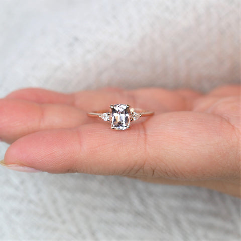 1.40ct Ready to Ship Petite Ellis 14kt Rose Gold Blush Peach Sapphire Diamond 3 Stone Cushion Ring