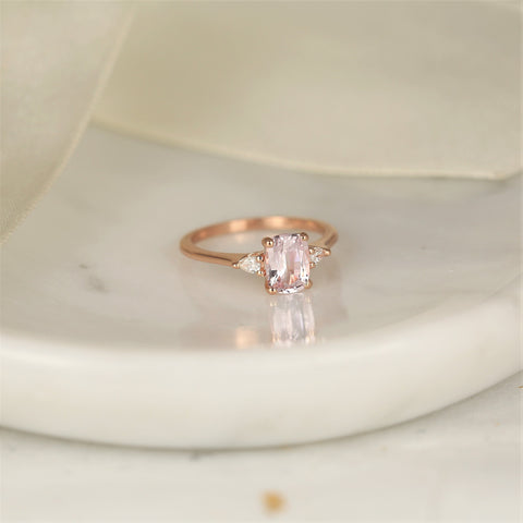 1.40ct Ready to Ship Petite Ellis 14kt Rose Gold Blush Peach Sapphire Diamond 3 Stone Cushion Ring