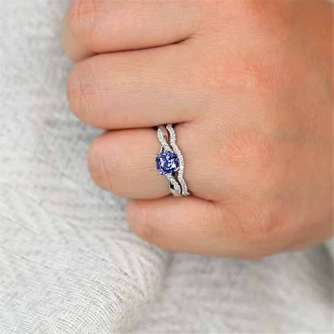 Ready to Ship Tressa 6mm 14kt Blue Sapphire Diamond Crossover Cushion Bridal Set,Cushion Engagement Ring,Cushion Twist Ring,Anniversary Ring