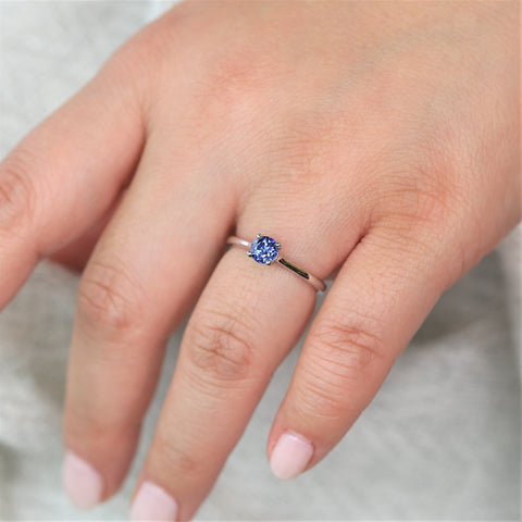 Ready to Ship Skinny Flora 5mm 14kt White Gold Blue Sapphire Thin Cathedral Round Solitaire Engagement Ring
