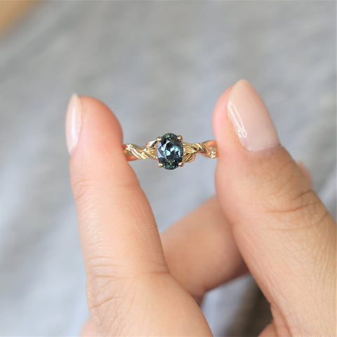 1.30ct Ready to Ship Fern 14kt Gold Deep Ocean Teal Sapphire Diamond Leaf Crossover Oval Solitaire Ring