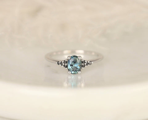 0.94ct Ready to Ship Maddy 14kt White Gold Teal Chrome Sapphire Black Diamond  Oval Cluster Ring
