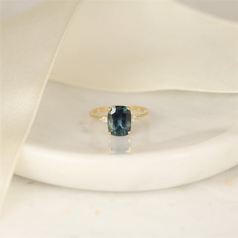 3.94ct Ready to Ship Petite Ellis 14kt Gold Ocean Blue Teal Sapphire Diamond Pear 3 Stone Elongated Cushion Ring