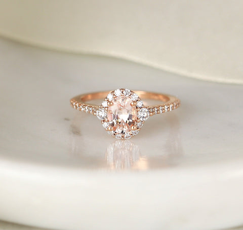 1.29cts Ready to Ship Bridgette 14kt Rose Gold Peach Sapphire Diamond Unique Halo Ring