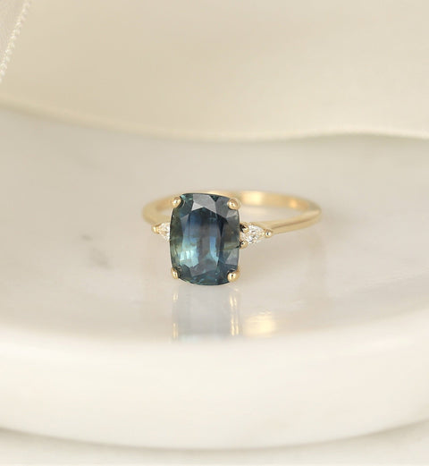 3.94ct Ready to Ship Petite Ellis 14kt Gold Ocean Blue Teal Sapphire Diamond Pear 3 Stone Elongated Cushion Ring