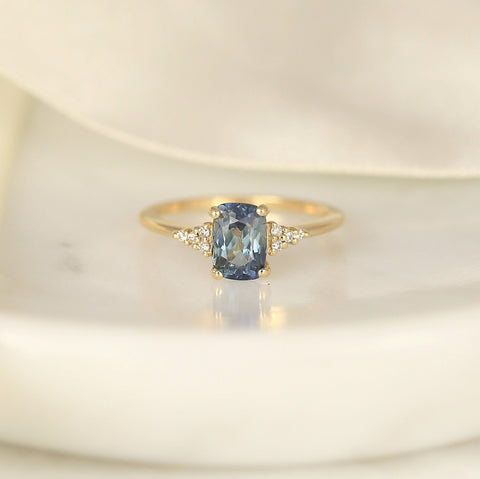1.64ct Ready to Ship Marlow 14kt Gold Bi-Color Ocean Teal Sapphire Diamond Dainty Elongated Cushion Cluster 3 Stone Ring