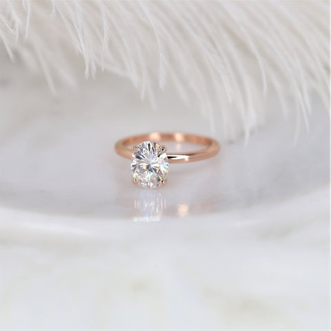 2ct Ready to Ship Dakota 9x7mm 14kt Rose Gold Forever One Moissanite Dainty Minimalist 4 Prong Oval Solitaire Engagement Ring