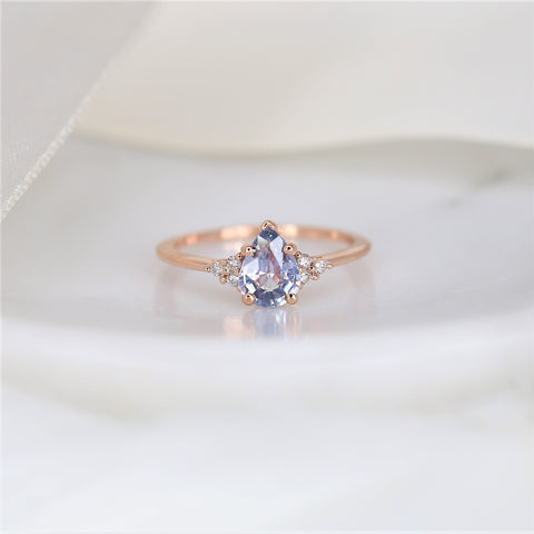 1.03ct Ready to Ship Juliet 14kt Rose Gold Lavender Cornflower Blue Sapphire Diamond Art Deco Cluster 3 Stone Pear Ring