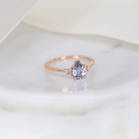 1.03ct Ready to Ship Juliet 14kt Rose Gold Lavender Cornflower Blue Sapphire Diamond Art Deco Cluster 3 Stone Pear Ring
